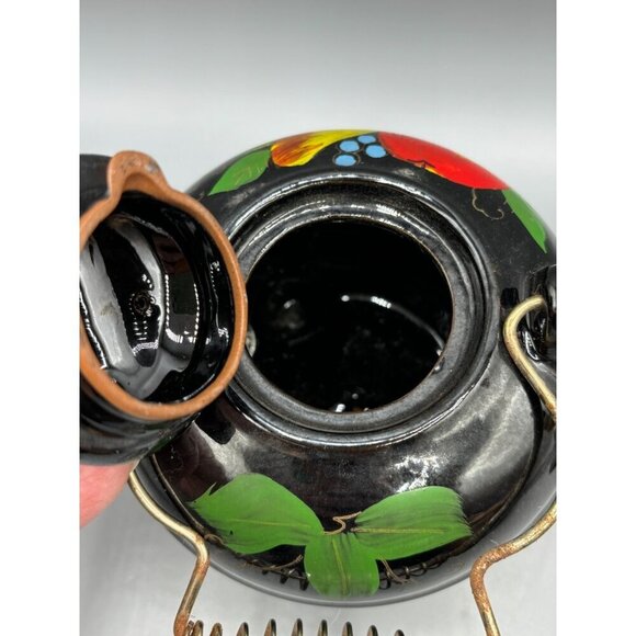 Vtg Wales Black Teapot With Hand Painted Fruit Design‎ Coiled Metal Handle - Picture 5 of 10